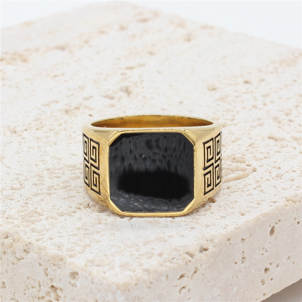 Great Wall Pattern Black Epoxy Men's Square Stainless Steel Ring