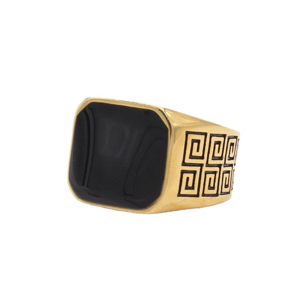 Great Wall Pattern Black Epoxy Men's Square Stainless Steel Ring