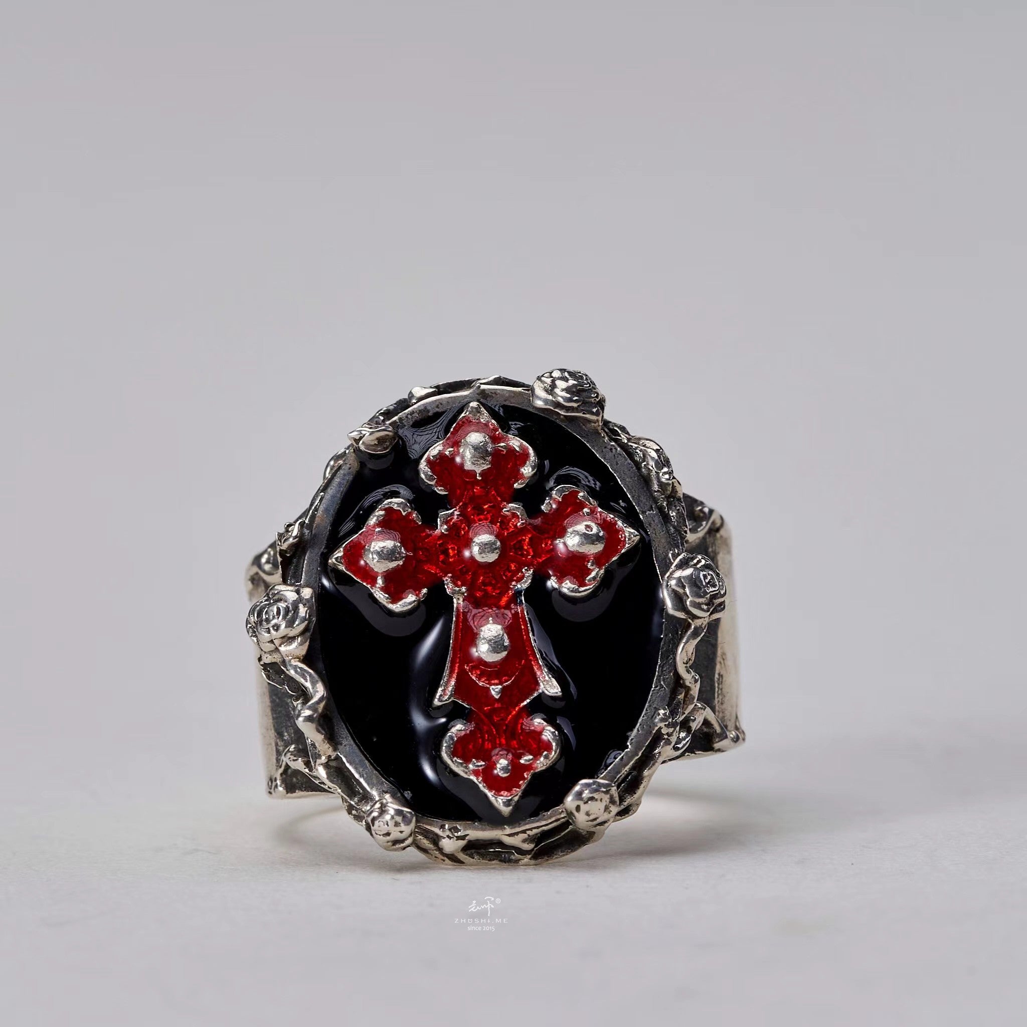 Handcrafted Gothic Blood Red Baroque Skull Cross Rose Ring