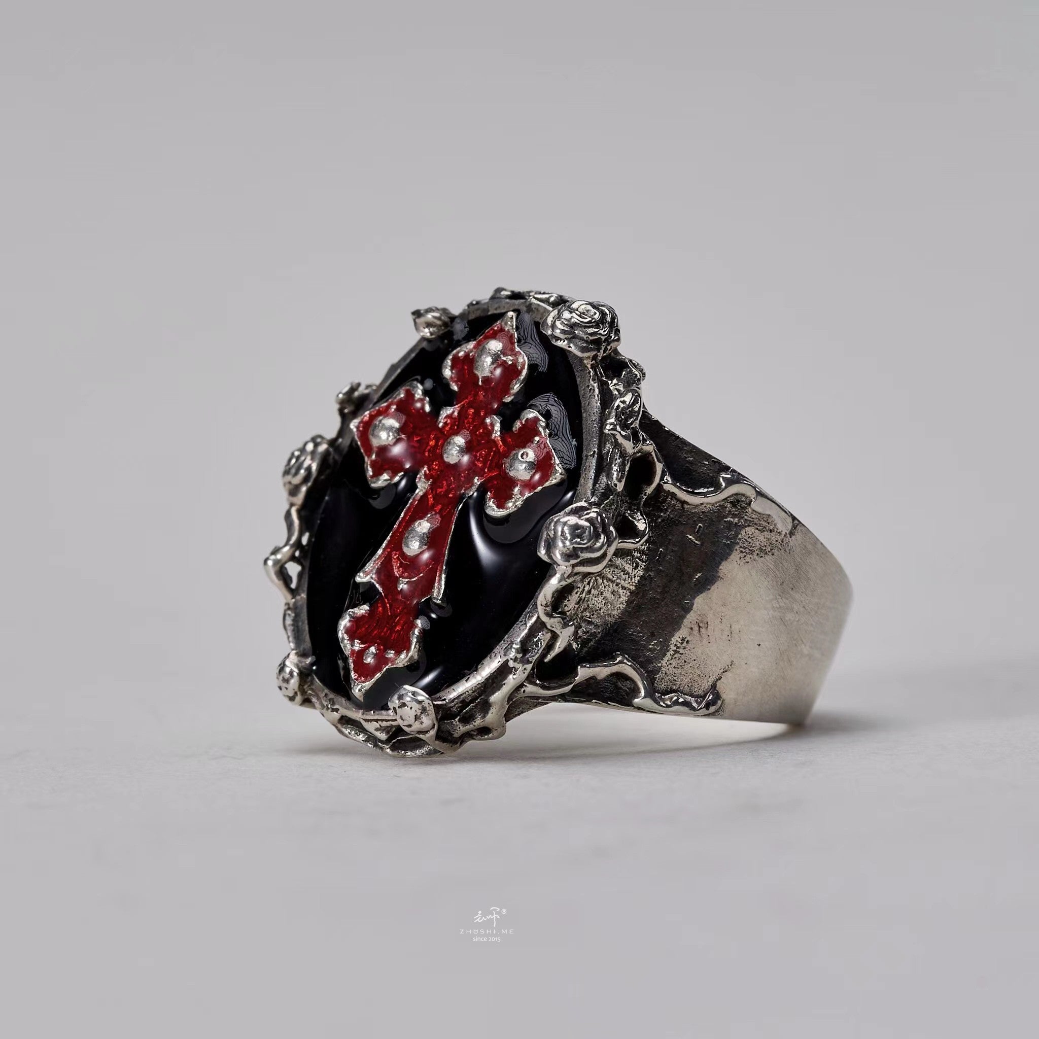 Handcrafted Gothic Blood Red Baroque Skull Cross Rose Ring