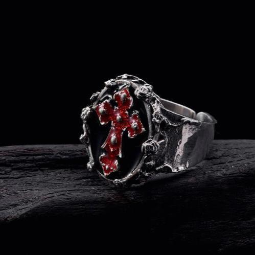 Handcrafted Gothic Blood Red Baroque Skull Cross Rose Ring