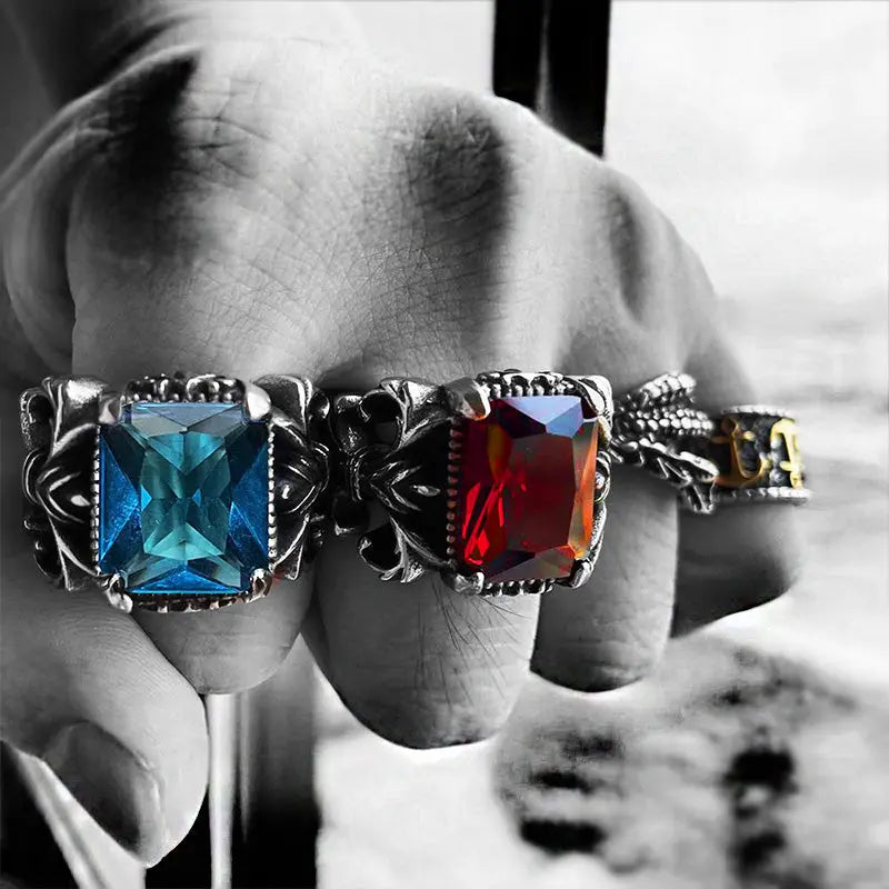 Knight Style Gemstone Inlaid Stainless Steel Ring - Vrafi Jewelry