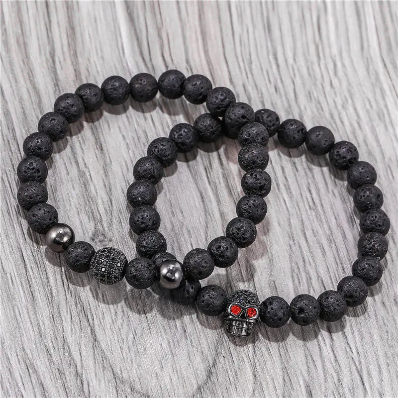 Lava Stone Bead Skull Stretchable Bracelet VRAFI