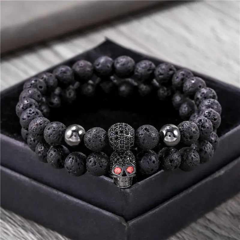 Lava Stone Bead Skull Stretchable Bracelet VRAFI