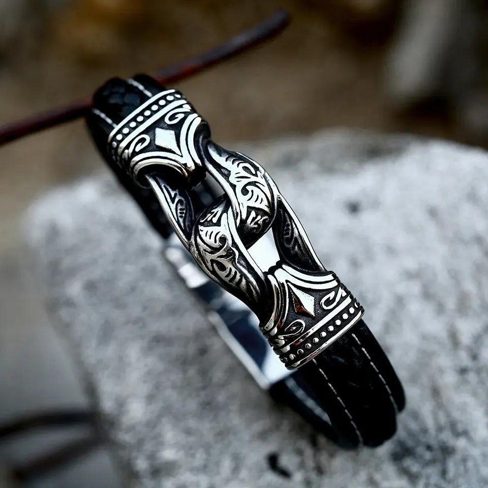 Leather Braided Viking Vegvísir Stainless Steel bracelet - Vrafi Jewelry