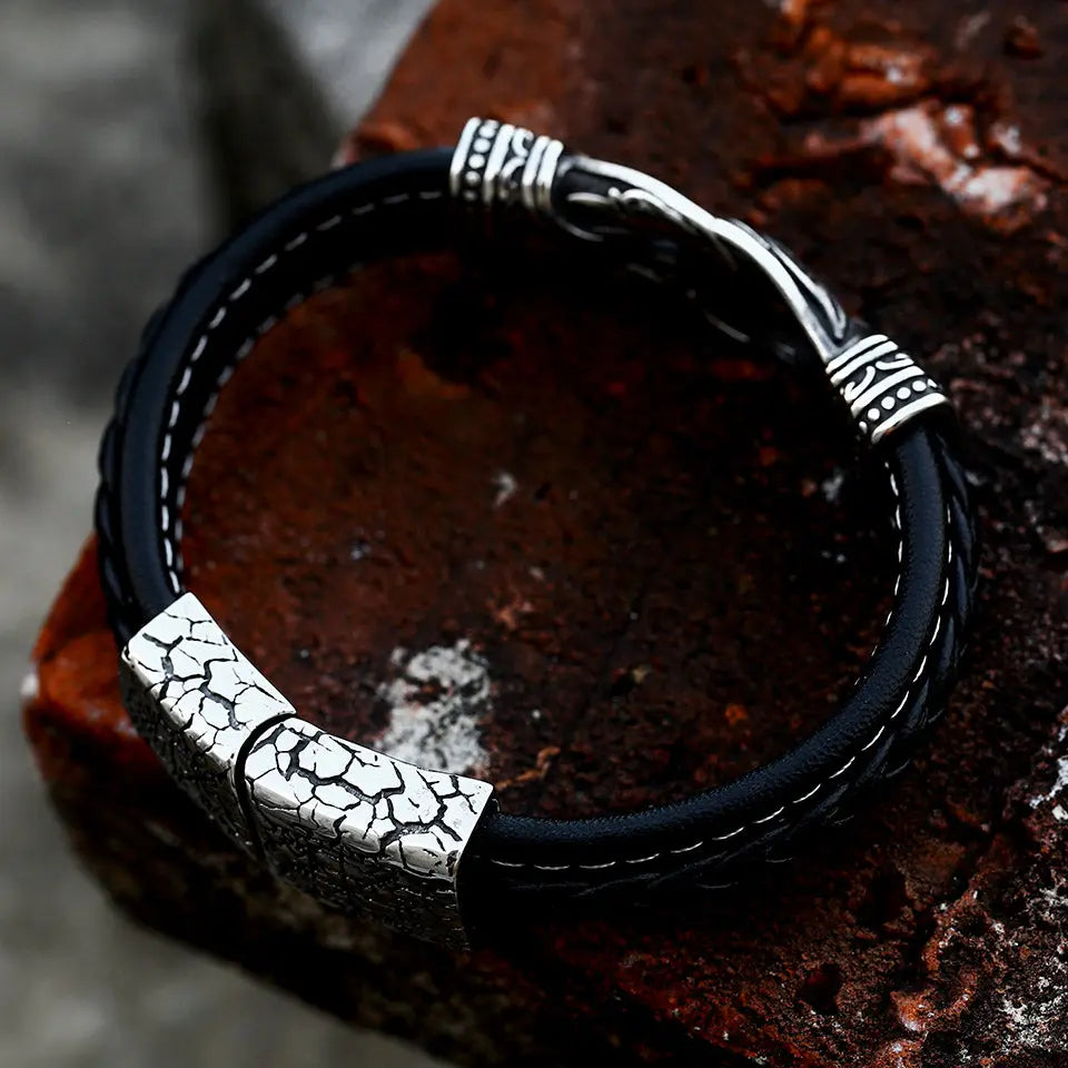 Leather Braided Viking Vegvísir Stainless Steel bracelet - Vrafi Jewelry