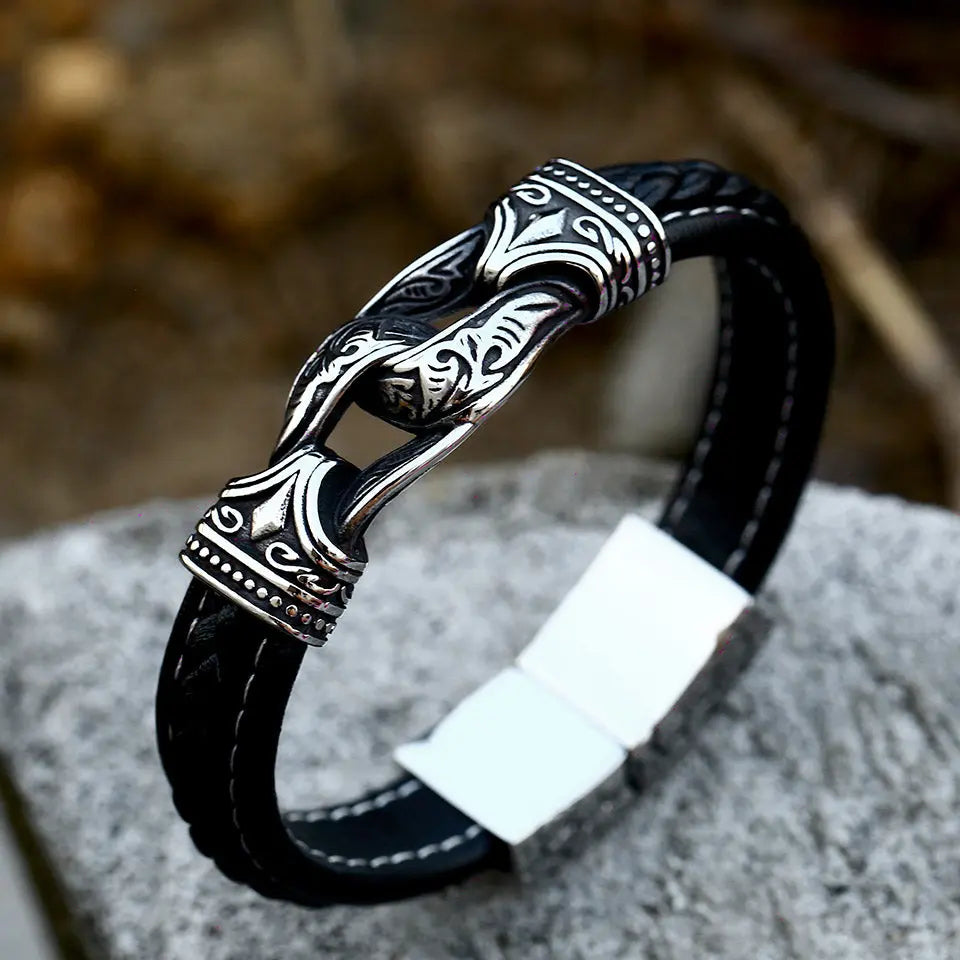 Leather Braided Viking Vegvísir Stainless Steel bracelet - Vrafi Jewelry