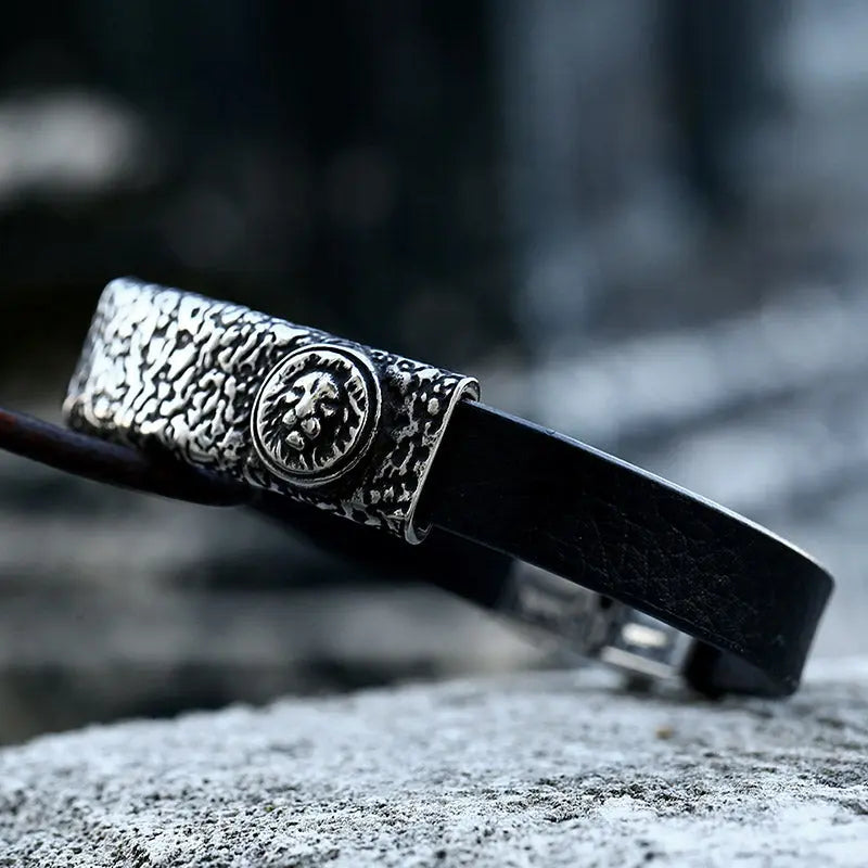 Leather Lion Stainless Steel Bracelet - Vrafi Jewelry