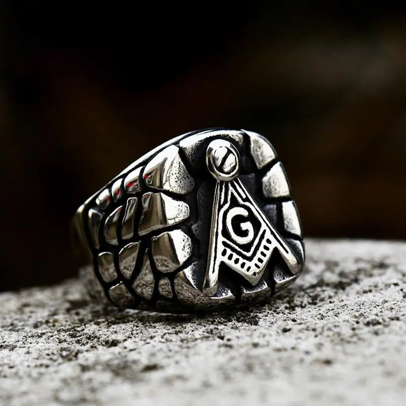 Masonic Cracked Stone Style Stainless Steel Ring VRAFI