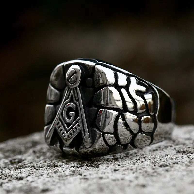 Masonic Cracked Stone Style Stainless Steel Ring VRAFI