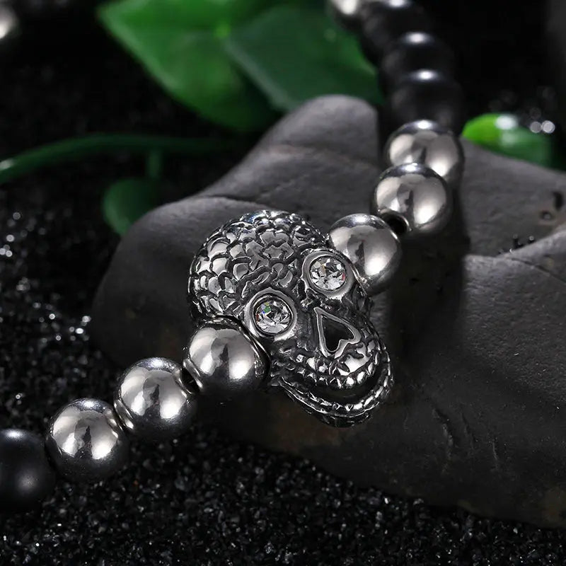 Men's Biker Stainless Steel Skull Skeleton 8MM Black Bead Stone Bracelet Vrafi Jewelry