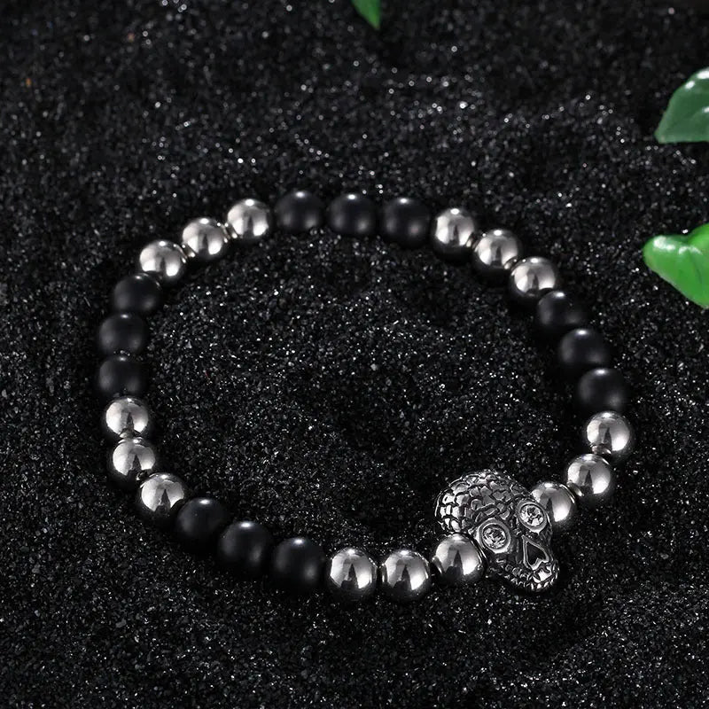 Men's Biker Stainless Steel Skull Skeleton 8MM Black Bead Stone Bracelet Vrafi Jewelry