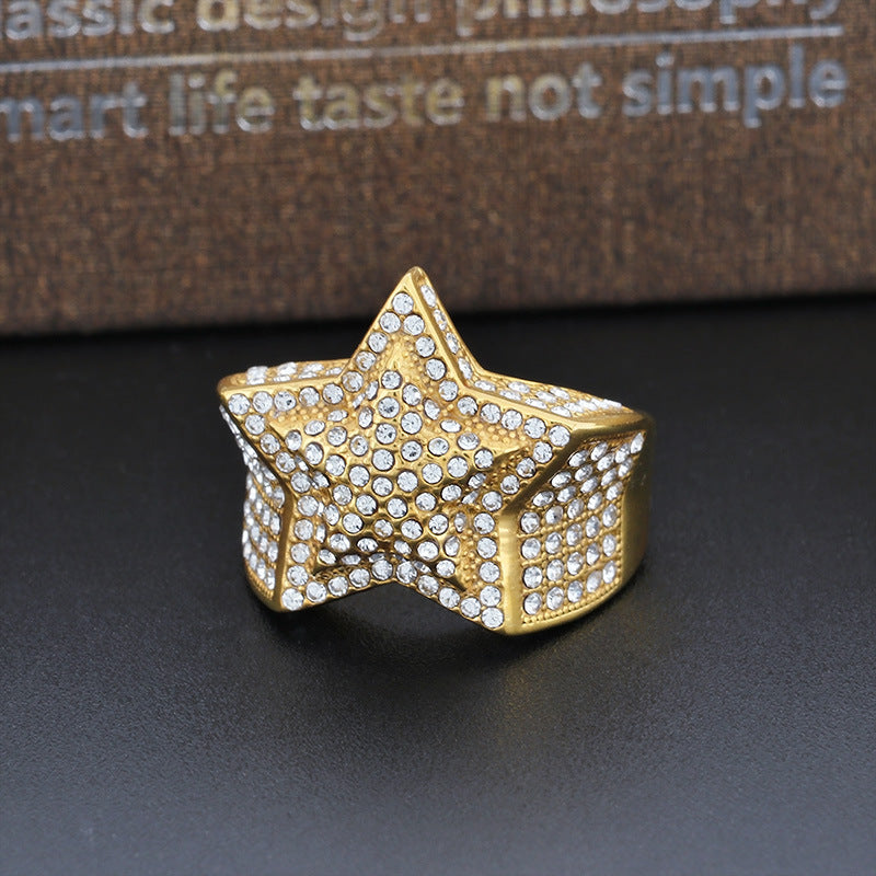 Men's Gold-Plated Zircon Cross Five-Pointed Star Ring