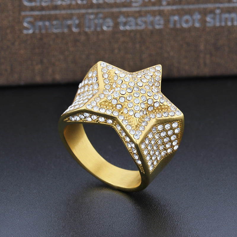 Men's Gold-Plated Zircon Cross Five-Pointed Star Ring