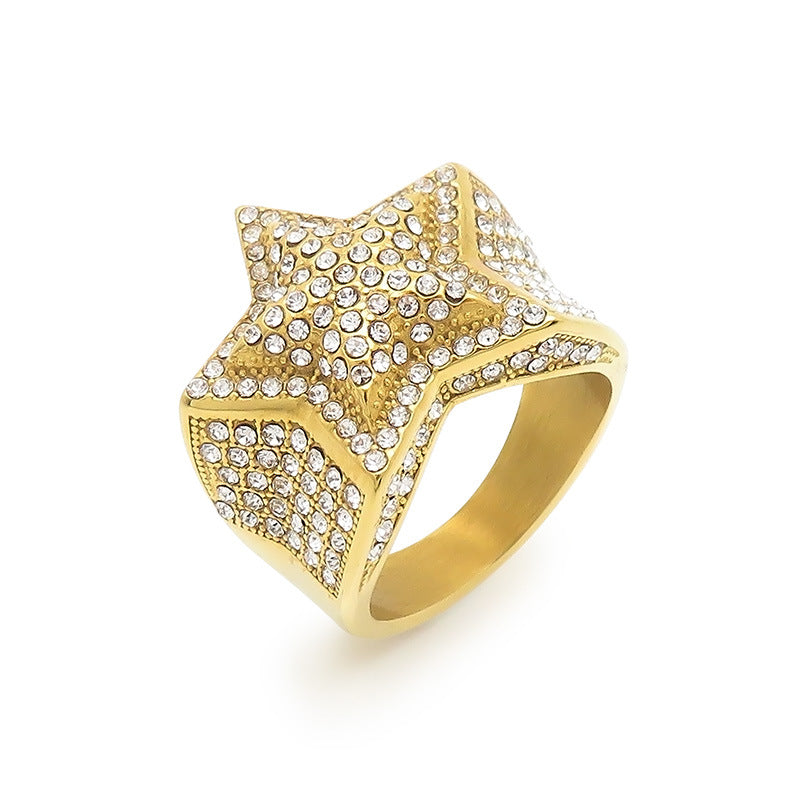 Men's Gold-Plated Zircon Cross Five-Pointed Star Ring