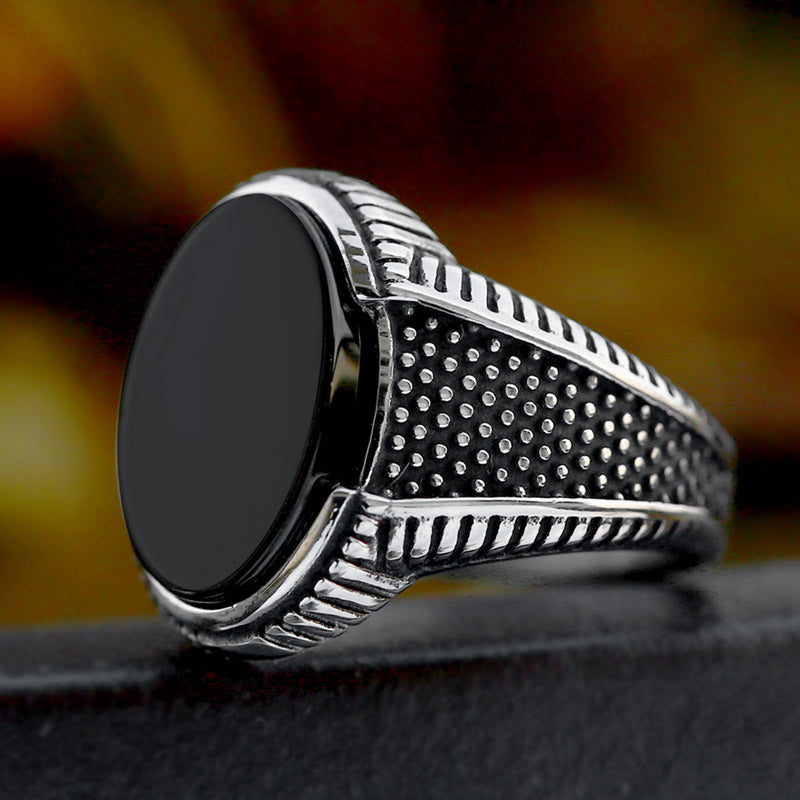 Men's Retro Fashion Stainless Steel Black Agate Ring