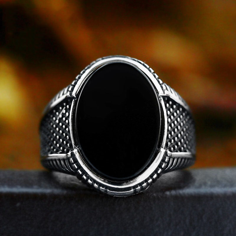 Men's Retro Fashion Stainless Steel Black Agate Ring