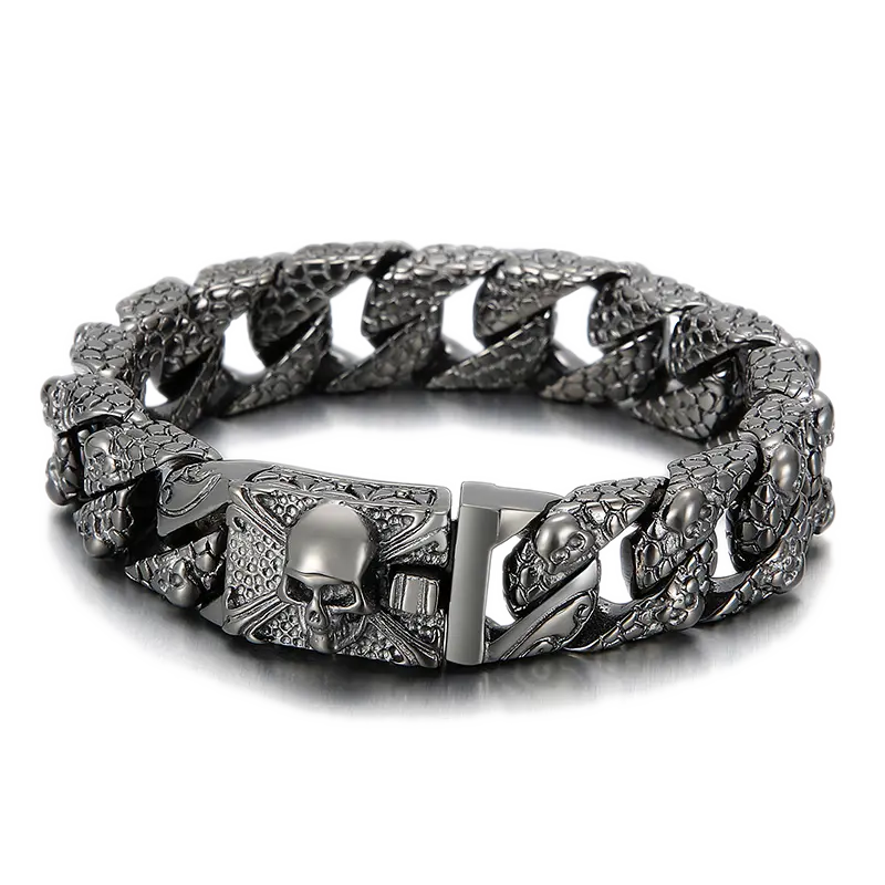 Mottled Skull Curb Link Skull Bracelet - Vrafi Jewelry