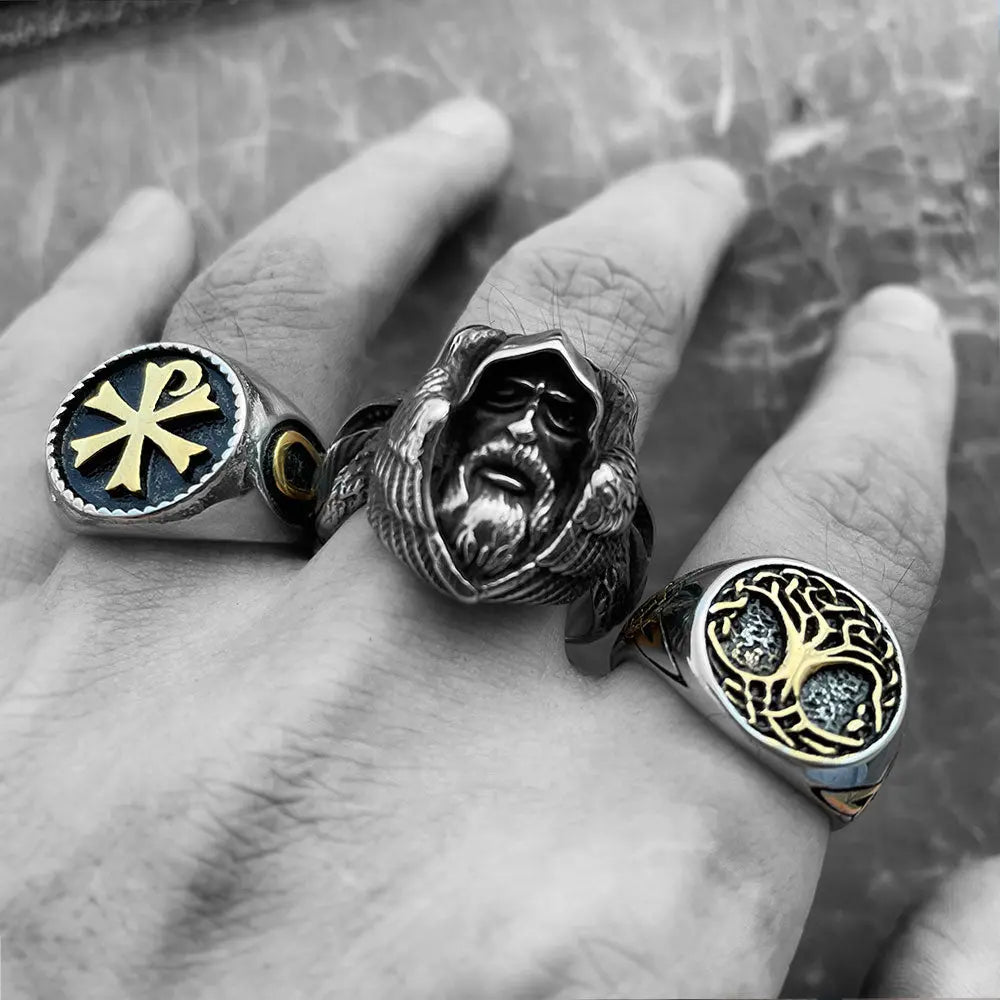 Mythology Odin Raven Wolf Stainless Steel Ring - Vrafi Jewelry