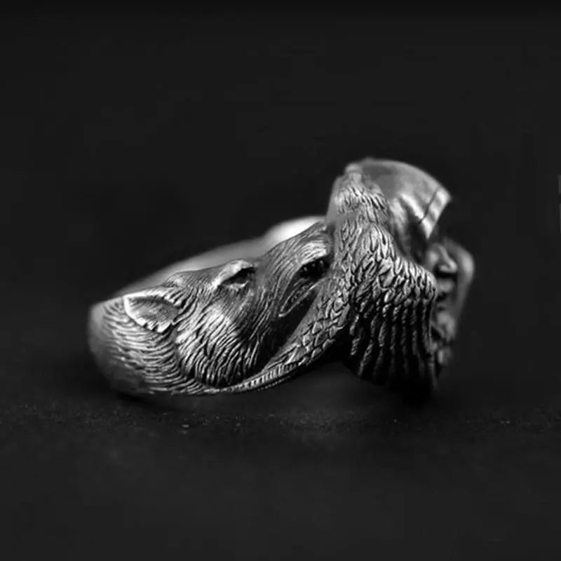 Mythology Odin Raven Wolf Stainless Steel Ring - Vrafi Jewelry