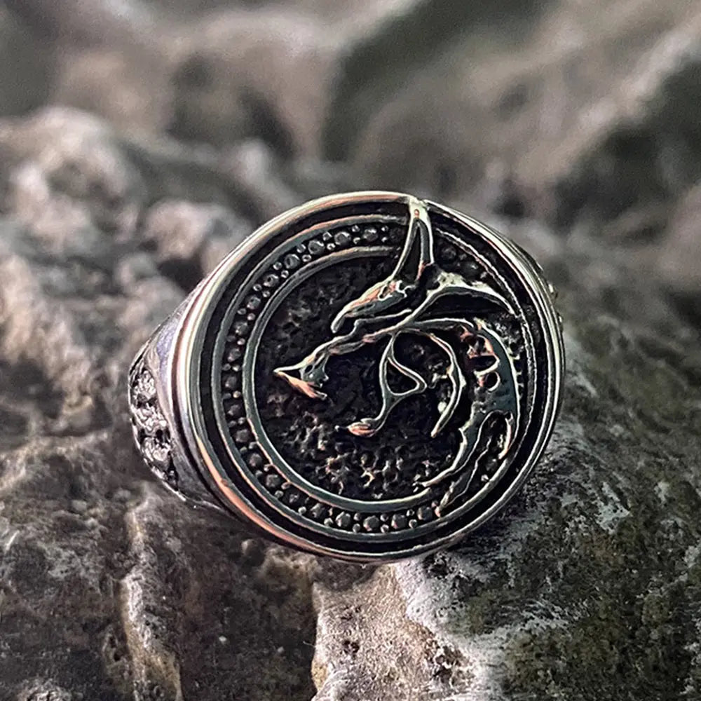 Nordic Wizard Wolf Stainless Steel Signet Ring VRAFI