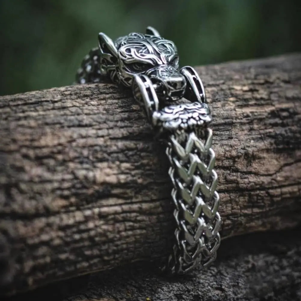 Norse Mythology Stainless Steel Viking Wolf Head Bracelet VRAFI