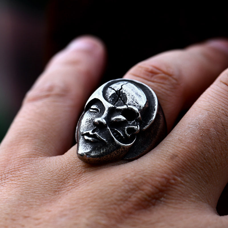 Stainless Steel Yin And Yang Face Skull Men's Ring