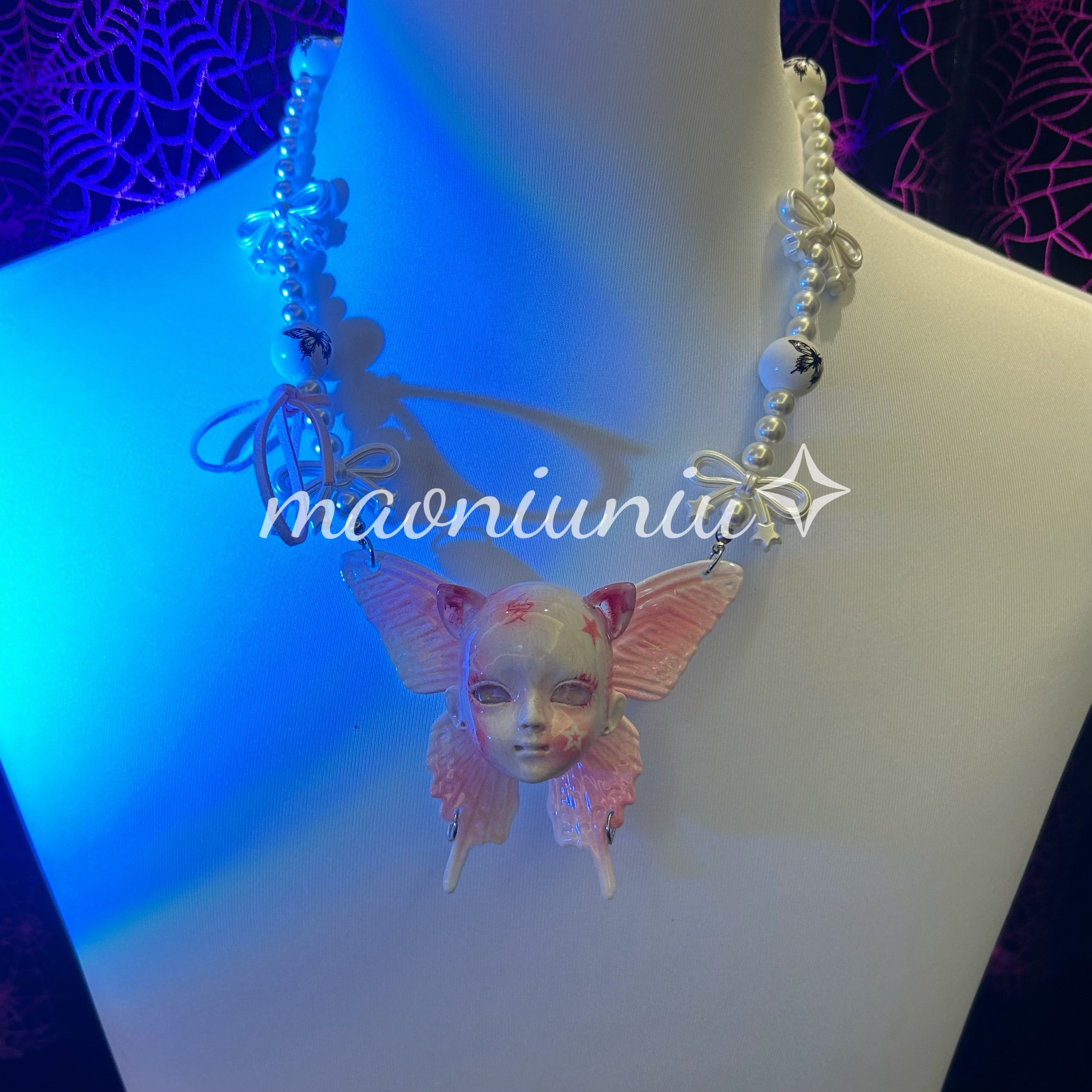 Cat ear butterfly baby head necklace