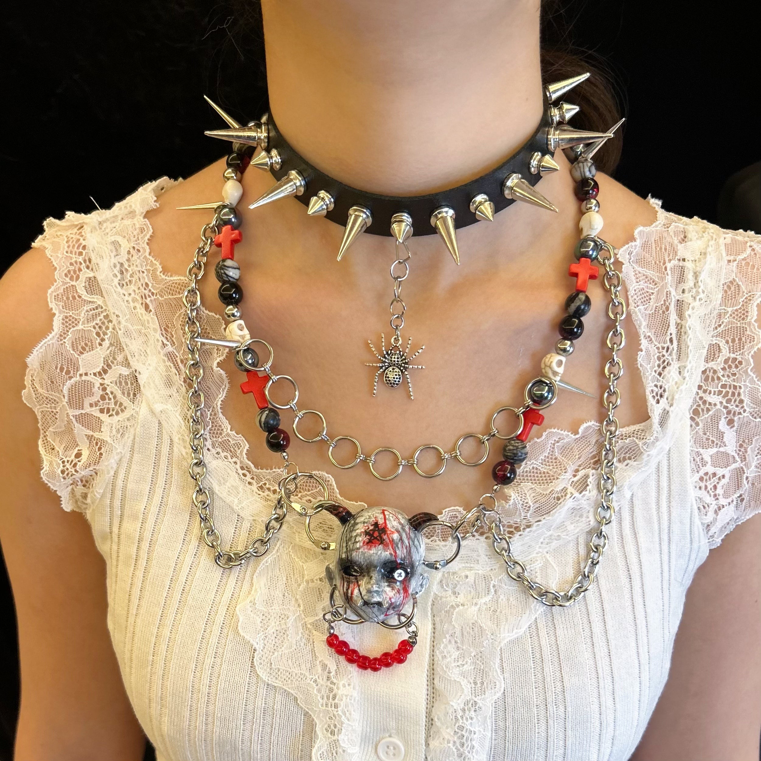 Gothic Devil doll head necklace
