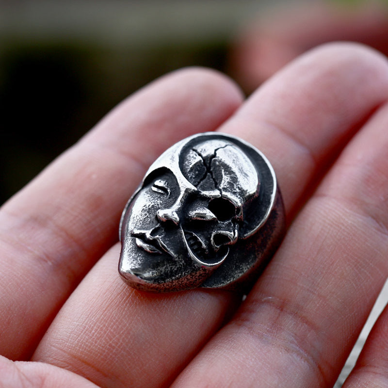 Stainless Steel Yin And Yang Face Skull Men's Ring