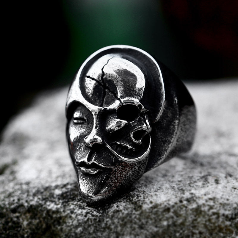 Stainless Steel Yin And Yang Face Skull Men's Ring