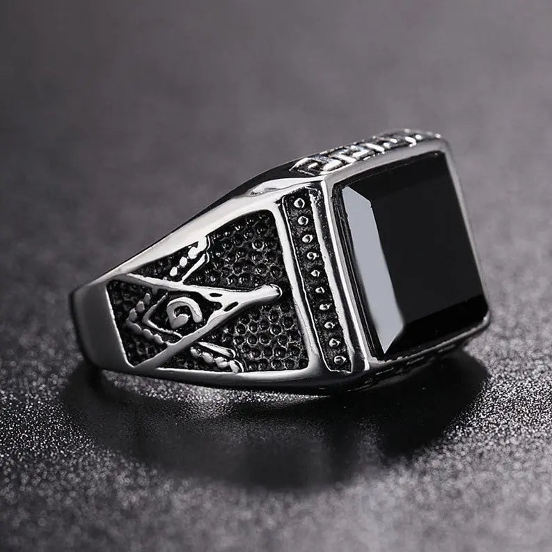 Obsidian Masonic Stainless Steel Ring - Vrafi Jewelry