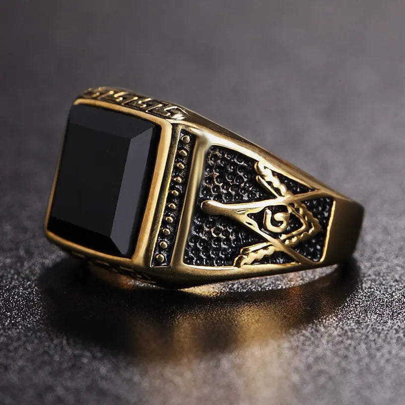 Obsidian Masonic Stainless Steel Ring - Vrafi Jewelry