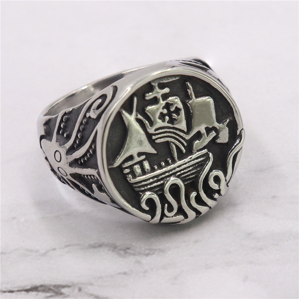 Octopus Sailboat Stainless Steel Ring-Vrafi Jewelry