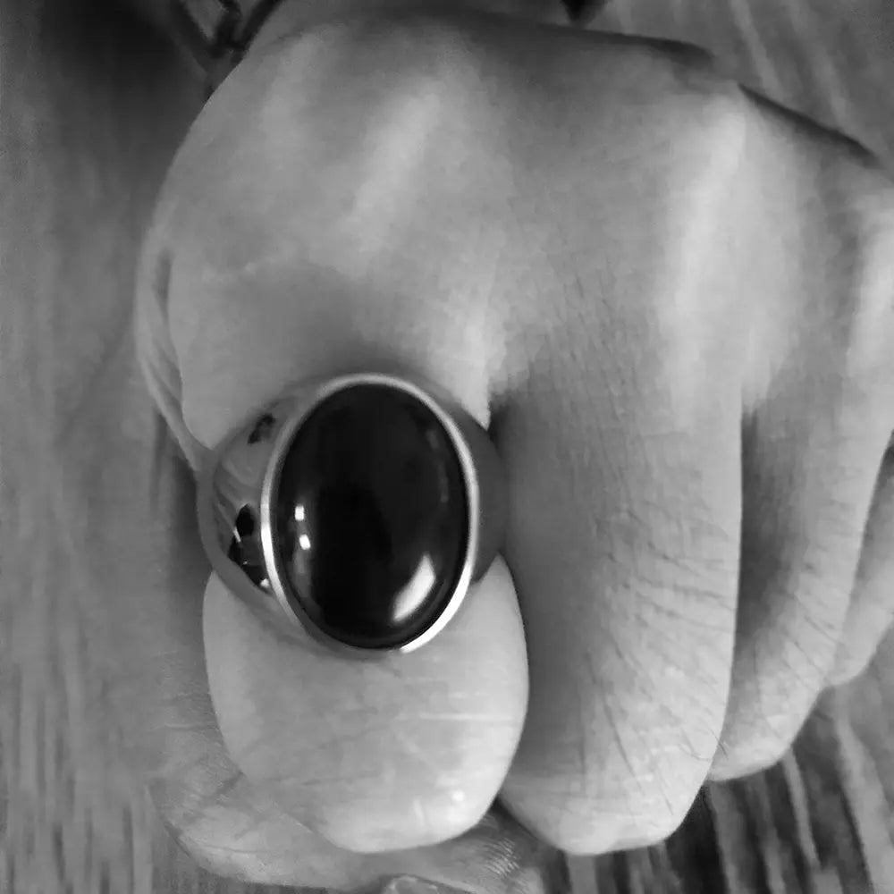 Oval Blue Turquoise-Obsidian Stainless Steel Ring VRAFI