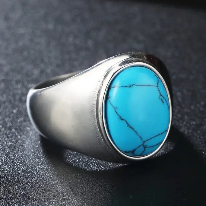 Oval Blue Turquoise-Obsidian Stainless Steel Ring VRAFI
