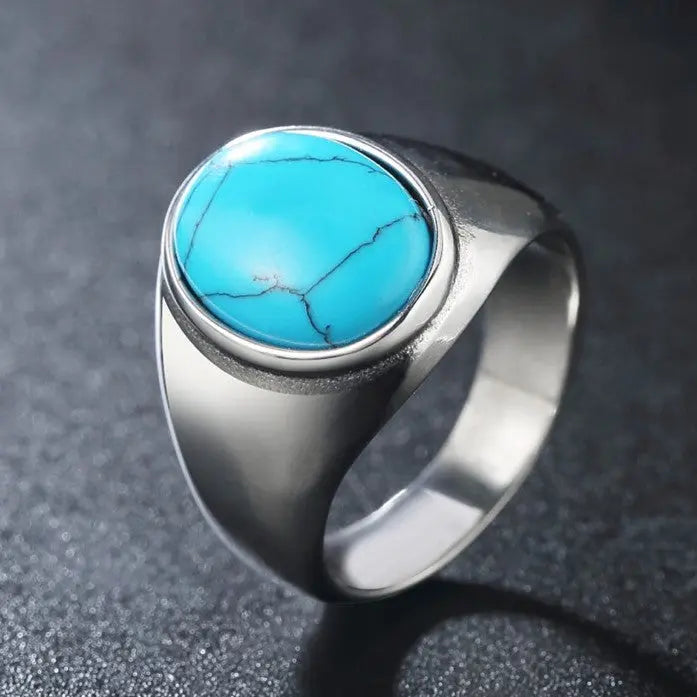 Oval Blue Turquoise-Obsidian Stainless Steel Ring - Vrafi Jewelry