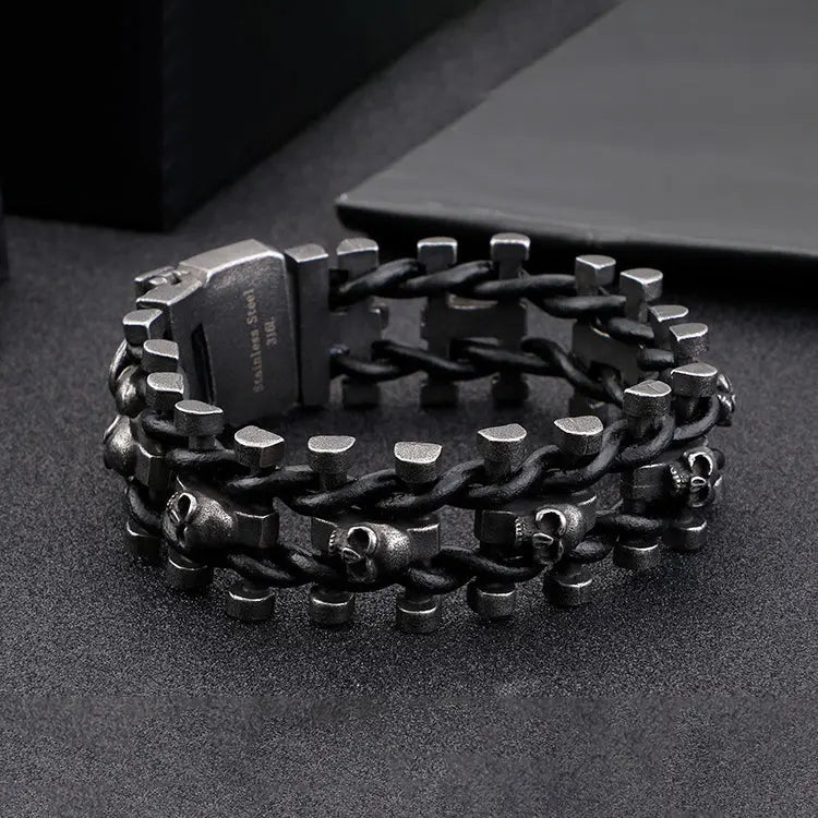 PU Braided Skull Stainless Steel Bracelet VRAFI