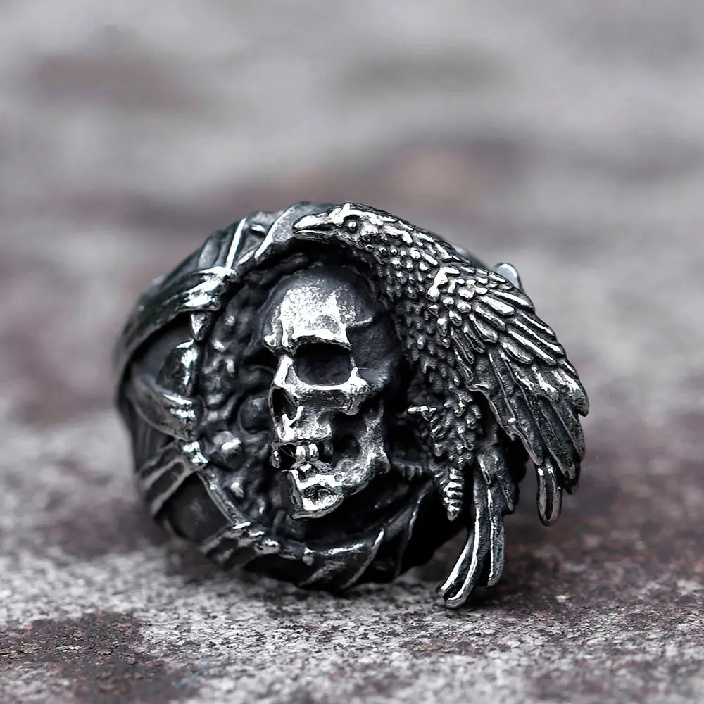 Raven And Skull Stainless Steel Ring VRAFI