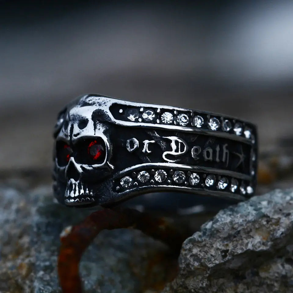 Red Eye Gemstone Skull Stainless Steel Ring - Vrafi Jewelry