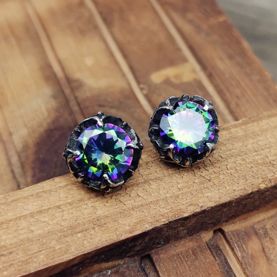 Retro Round Rainbow Gemstone Stud Earrings