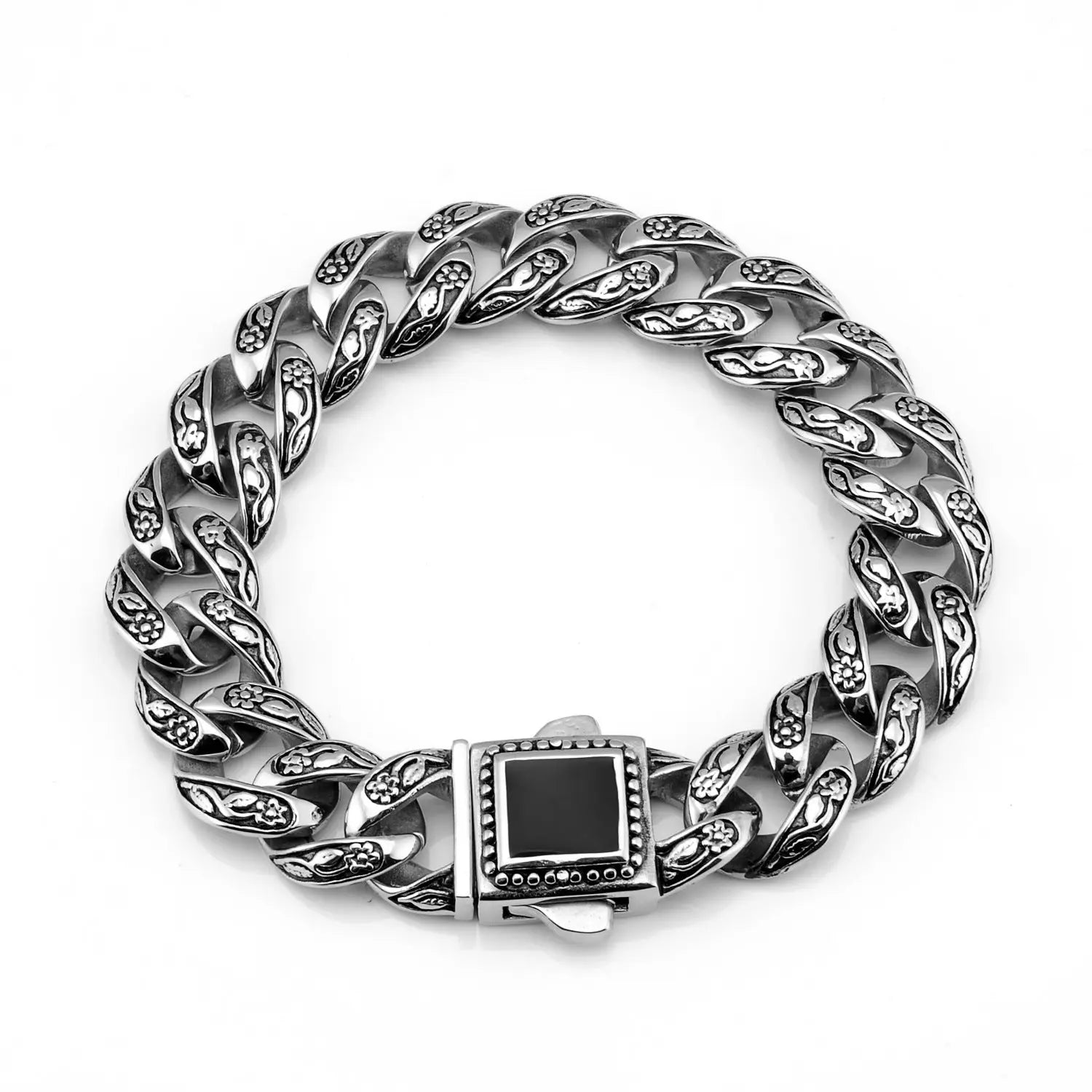 Rose Pattern Curb Link Stainless Steel Bracelet VRAFI