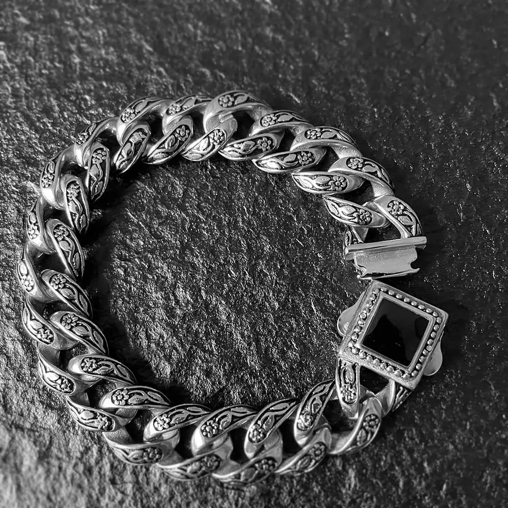 Rose Pattern Curb Link Stainless Steel Bracelet VRAFI