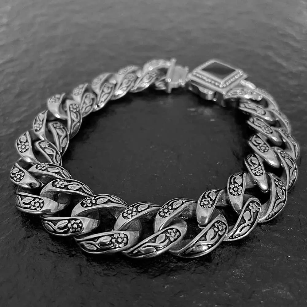 Rose Pattern Curb Link Stainless Steel Bracelet VRAFI