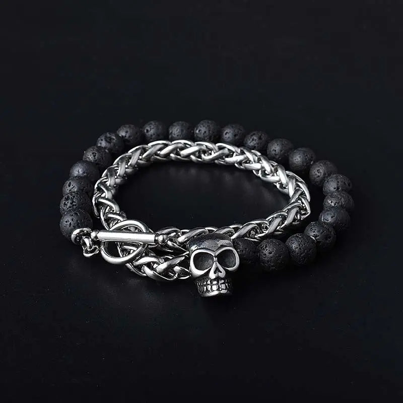 Round Stone Bead Skull Head Chain Stainless Steel Bracelet VRAFI