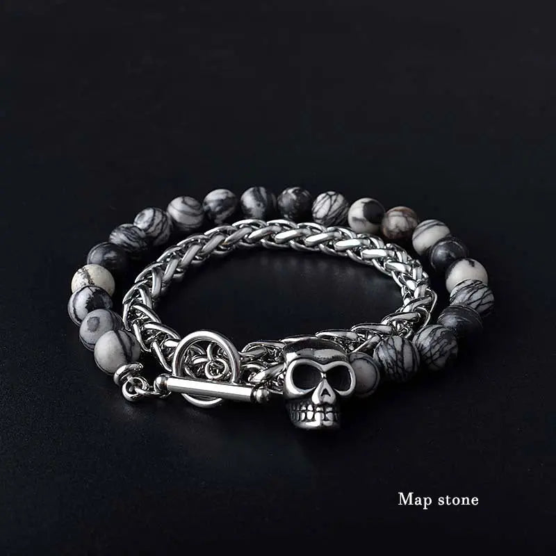 Round Stone Bead Skull Head Chain Stainless Steel Bracelet VRAFI