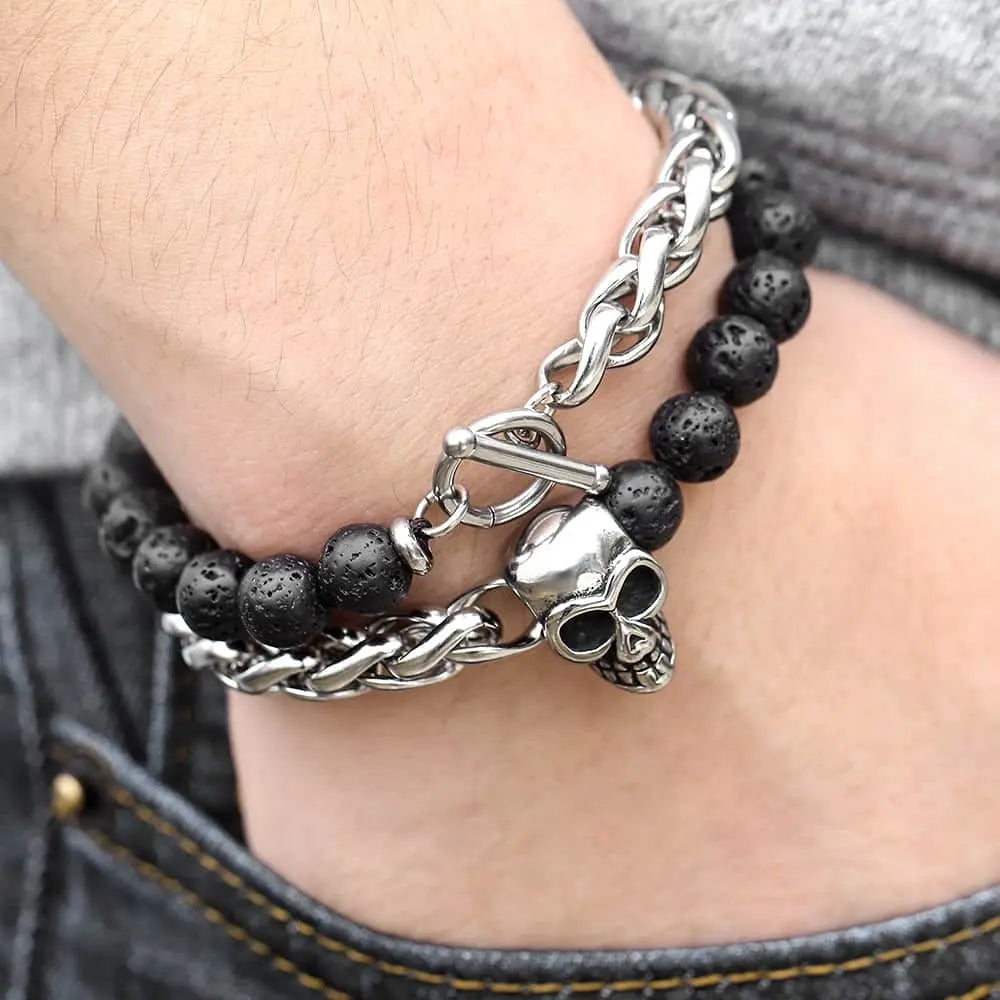 Round Stone Bead Skull Head Chain Stainless Steel Bracelet VRAFI