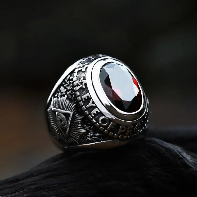 Ruby-Sapphire Triangle Eye Stainless Steel Ring - Vrafi Jewelry