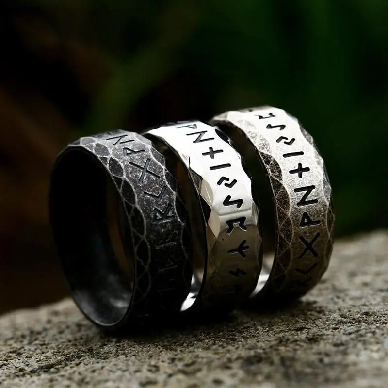 Runes Engraved Stainless Steel Ring Band VRAFI
