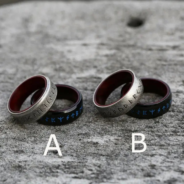 Runes Engraved With Rosewood Stainless Steel Ring VRAFI